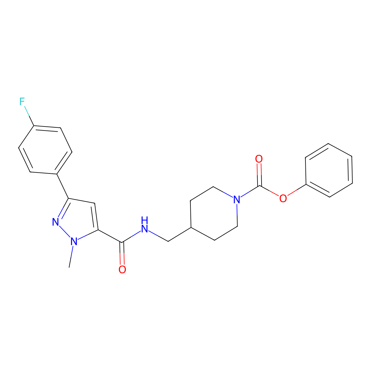 phenyl 4-((3-(4-fluorophenyl)-1-methyl-1H-pyrazole-5-carboxamido)methyl)piperidine-1-carboxylate molecular structure, CAS 1396683-20-7