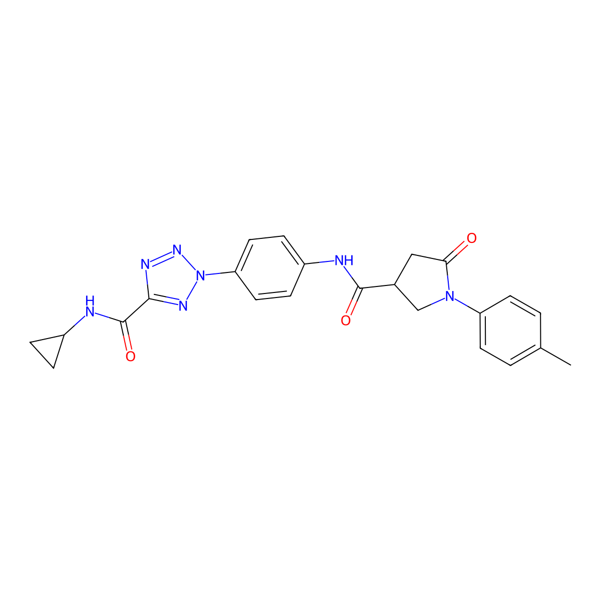 N-cyclopropyl-2-(4-(5-oxo-1-(p-tolyl)pyrrolidine-3-carboxamido)phenyl)-2H-tetrazole-5-carboxamide molecular structure, CAS 1396683-26-3