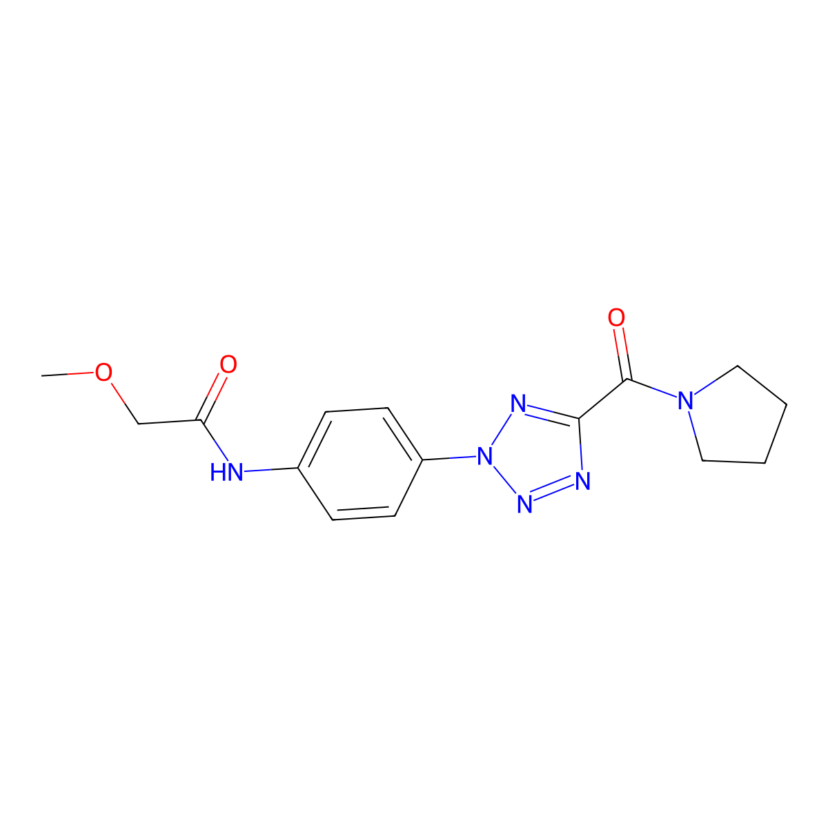 2-methoxy-N-(4-(5-(pyrrolidine-1-carbonyl)-2H-tetrazol-2-yl)phenyl)acetamide molecular structure, CAS 1396683-39-8