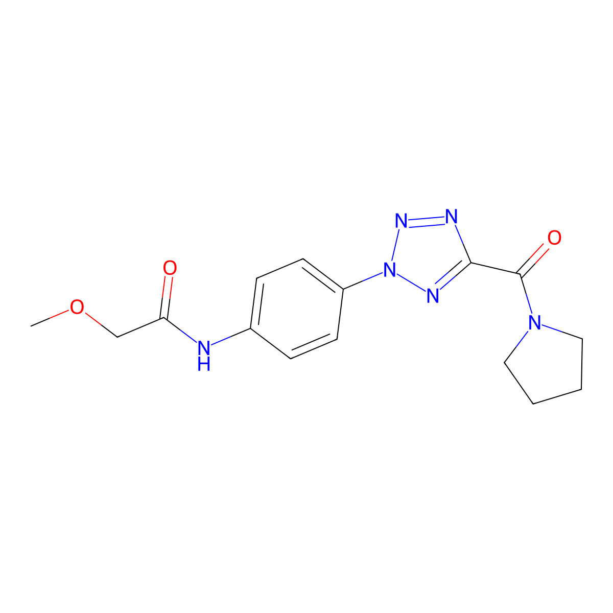 2-methoxy-N-(4-(5-(pyrrolidine-1-carbonyl)-2H-tetrazol-2-yl)phenyl)acetamide molecular structure, CAS 1396683-39-8