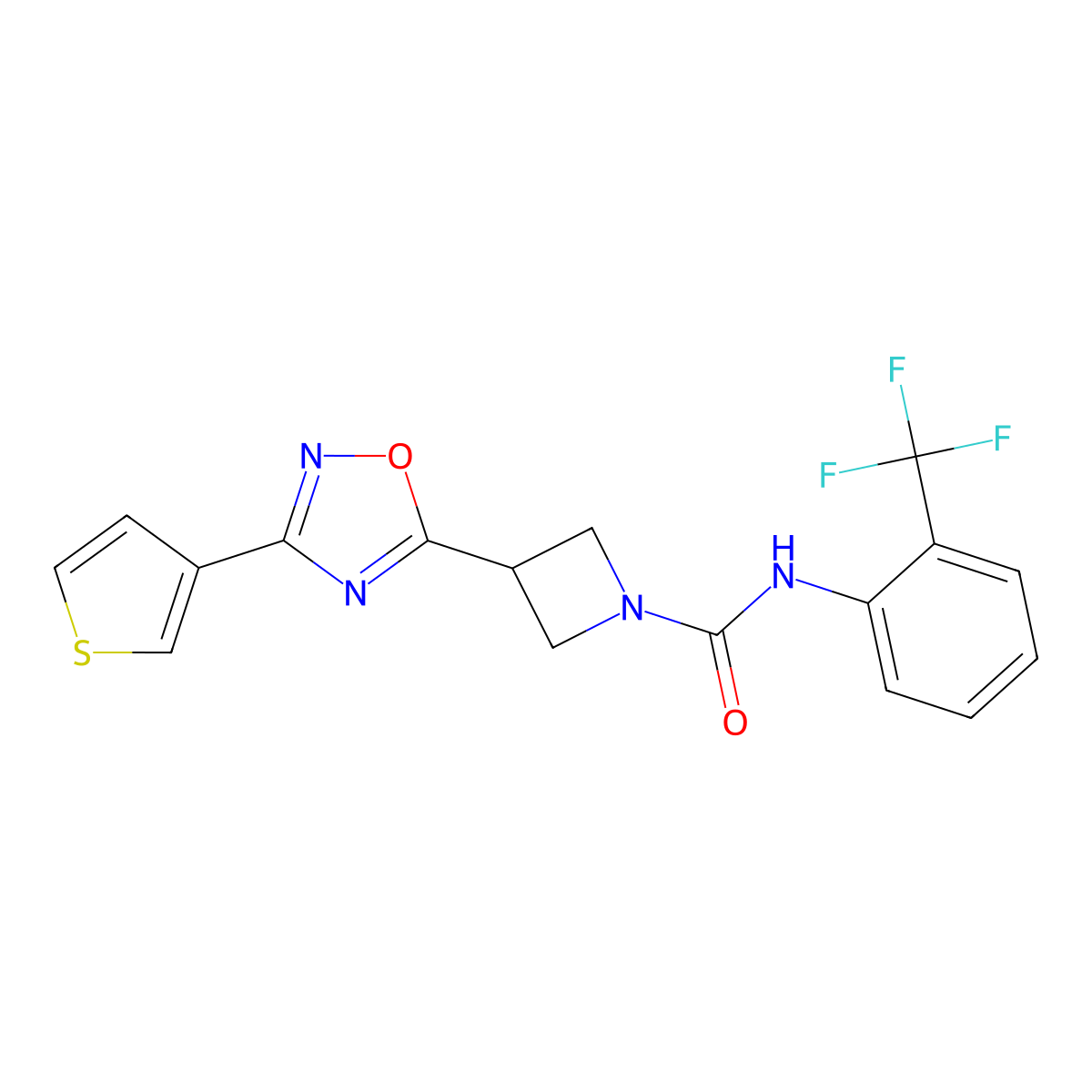 3-(3-(thiophen-3-yl)-1,2,4-oxadiazol-5-yl)-N-(2-(trifluoromethyl)phenyl)azetidine-1-carboxamide molecular structure, CAS 1396683-41-2
