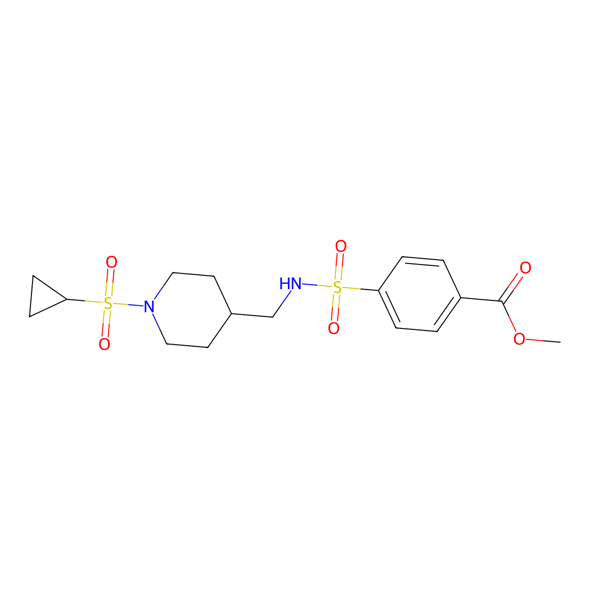 methyl 4-(N-((1-(cyclopropylsulfonyl)piperidin-4-yl)methyl)sulfamoyl)benzoate molecular structure, CAS 1396683-43-4