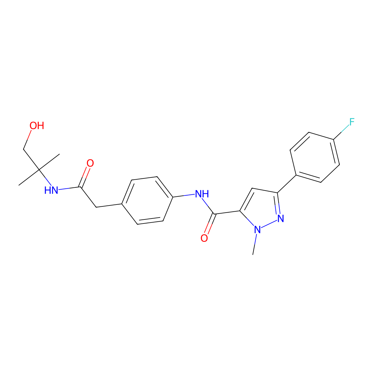 3-(4-fluorophenyl)-N-(4-(2-((1-hydroxy-2-methylpropan-2-yl)amino)-2-oxoethyl)phenyl)-1-methyl-1H-pyrazole-5-carboxamide molecular structure, CAS 1396683-48-9