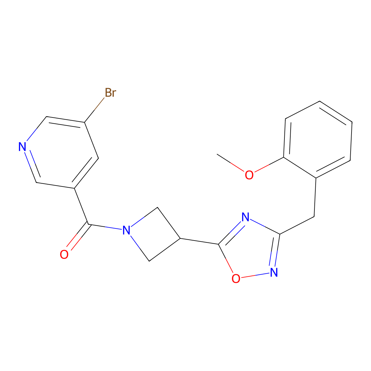 (5-Bromopyridin-3-yl)(3-(3-(2-methoxybenzyl)-1,2,4-oxadiazol-5-yl)azetidin-1-yl)methanone molecular structure, CAS 1396683-52-5