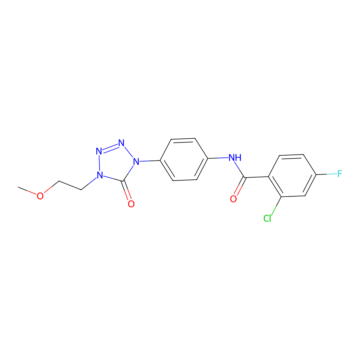 2-chloro-4-fluoro-N-(4-(4-(2-methoxyethyl)-5-oxo-4,5-dihydro-1H-tetrazol-1-yl)phenyl)benzamide molecular structure, CAS 1396683-62-7