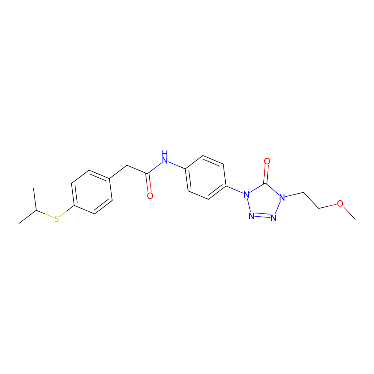 2-(4-(isopropylthio)phenyl)-N-(4-(4-(2-methoxyethyl)-5-oxo-4,5-dihydro-1H-tetrazol-1-yl)phenyl)acetamide molecular structure, CAS 1396683-72-9