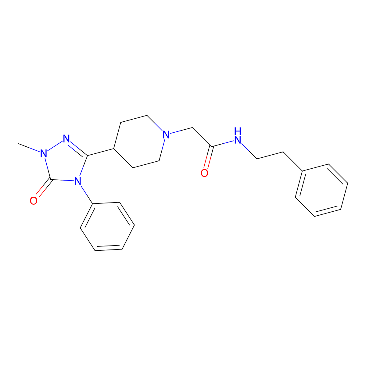 2-(4-(1-methyl-5-oxo-4-phenyl-4,5-dihydro-1H-1,2,4-triazol-3-yl)piperidin-1-yl)-N-phenethylacetamide molecular structure, CAS 1396683-77-4