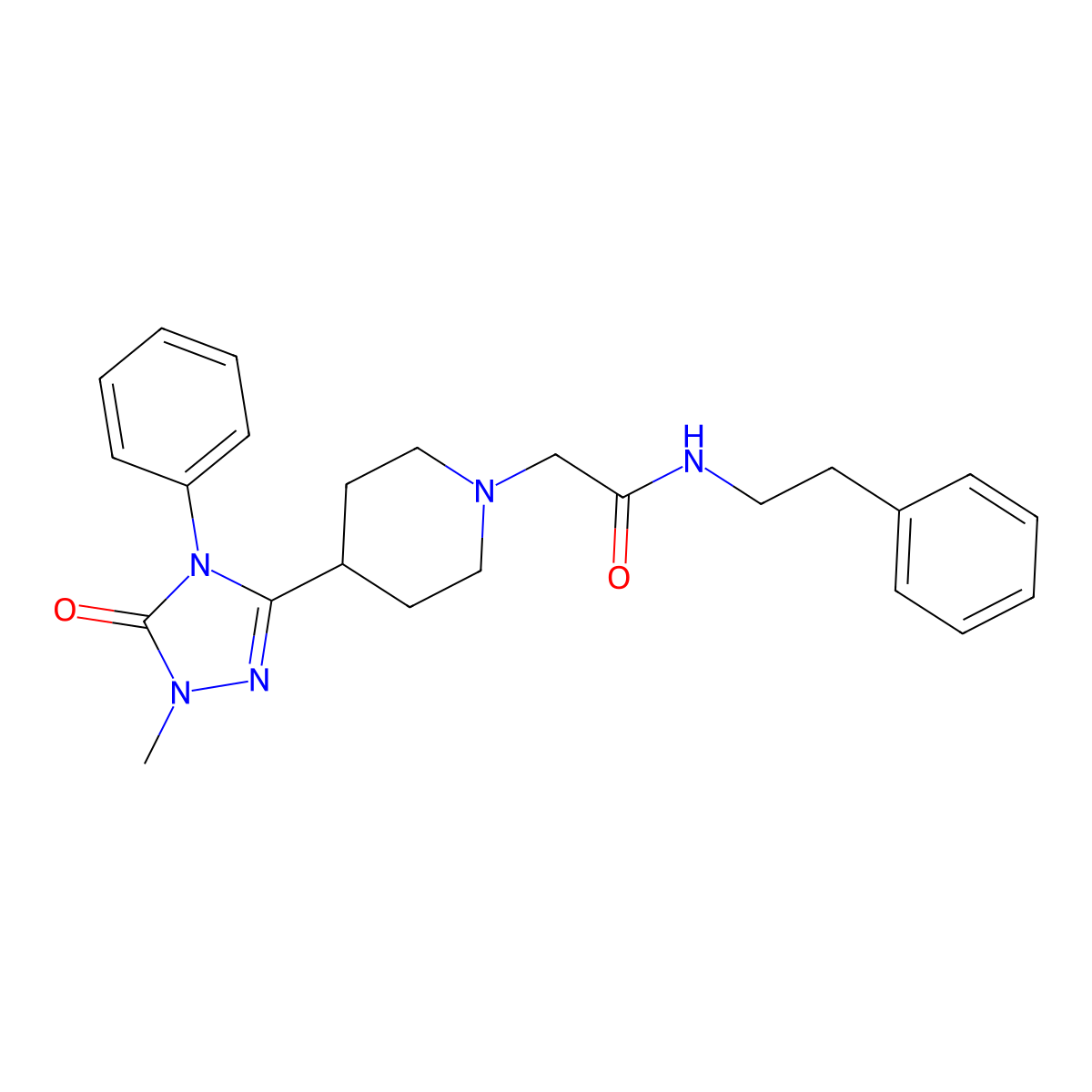 2-(4-(1-methyl-5-oxo-4-phenyl-4,5-dihydro-1H-1,2,4-triazol-3-yl)piperidin-1-yl)-N-phenethylacetamide molecular structure, CAS 1396683-77-4