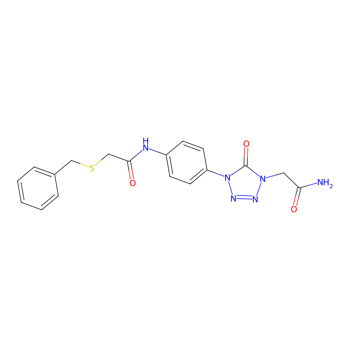 N-(4-(4-(2-amino-2-oxoethyl)-5-oxo-4,5-dihydro-1H-tetrazol-1-yl)phenyl)-2-(benzylthio)acetamide molecular structure, CAS 1396683-87-6