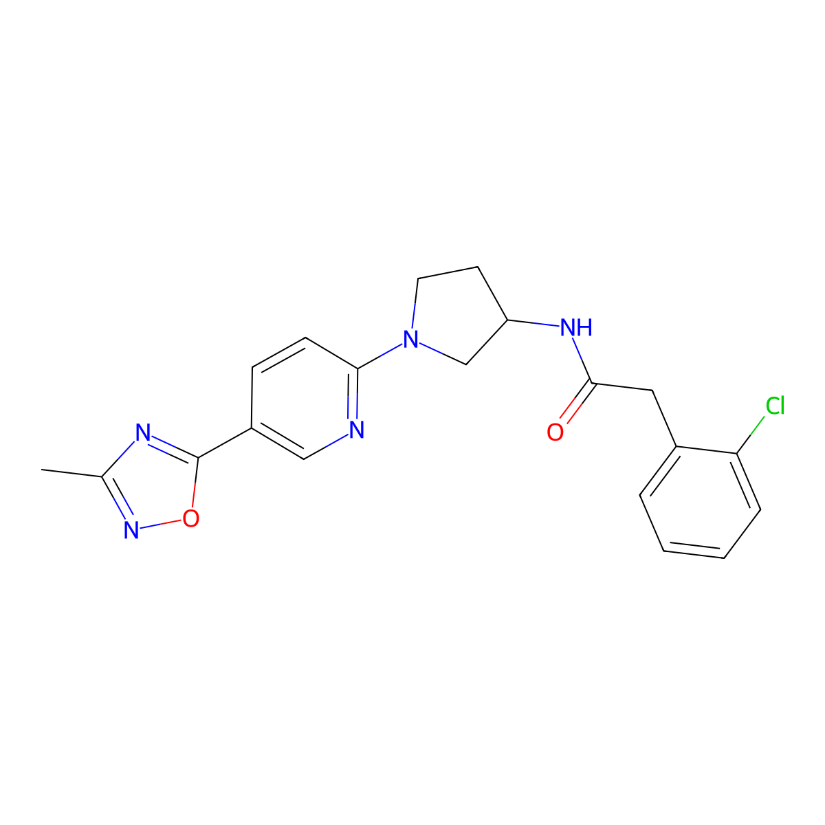 2-(2-chlorophenyl)-N-{1-[5-(3-methyl-1,2,4-oxadiazol-5-yl)pyridin-2-yl]pyrrolidin-3-yl}acetamide molecular structure, CAS 1396683-91-2