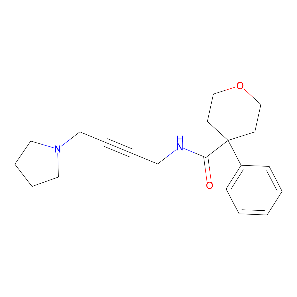 4-phenyl-N-(4-(pyrrolidin-1-yl)but-2-yn-1-yl)tetrahydro-2H-pyran-4-carboxamide molecular structure, CAS 1396683-99-0
