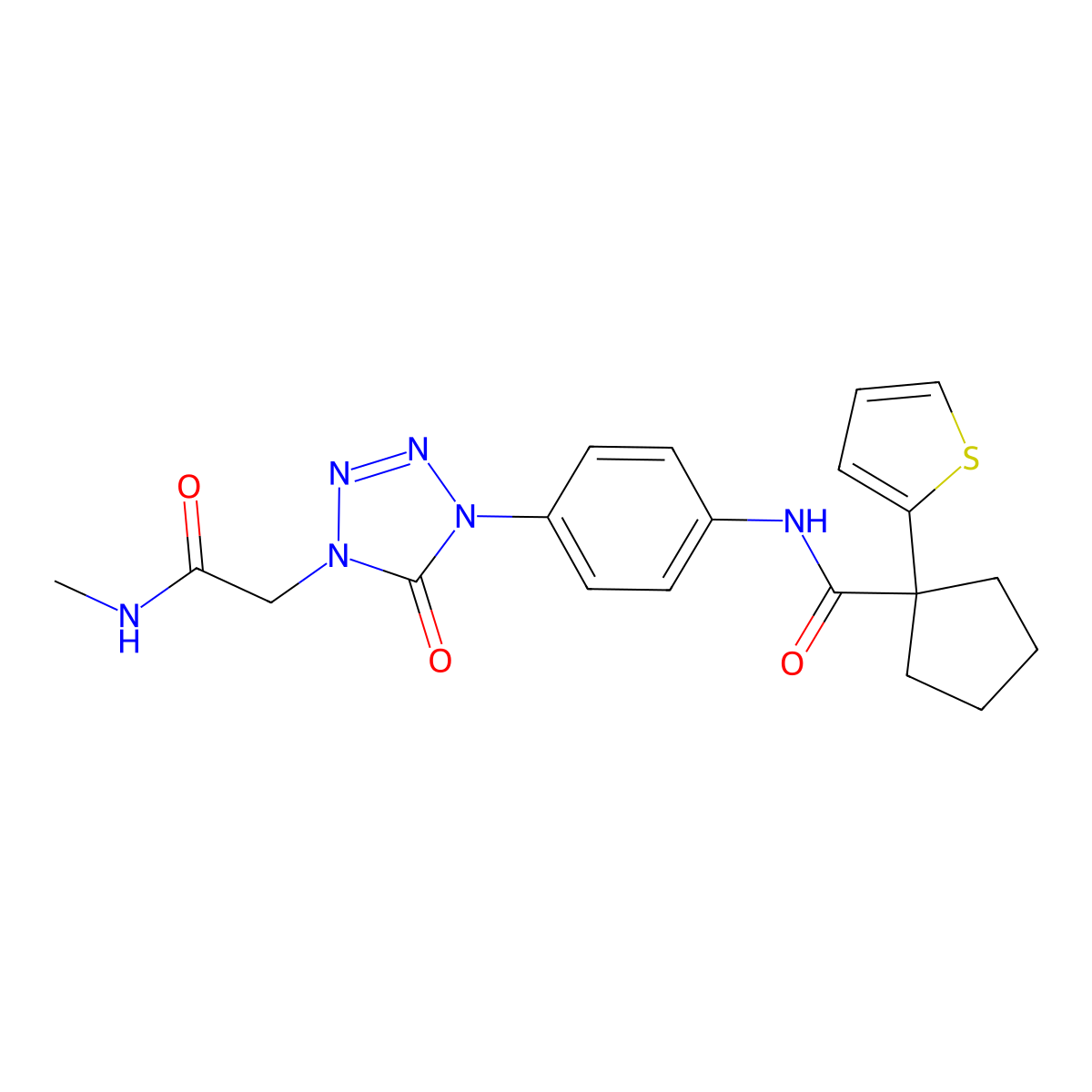 N-(4-(4-(2-(methylamino)-2-oxoethyl)-5-oxo-4,5-dihydro-1H-tetrazol-1-yl)phenyl)-1-(thiophen-2-yl)cyclopentanecarboxamide molecular structure, CAS 1396684-04-0