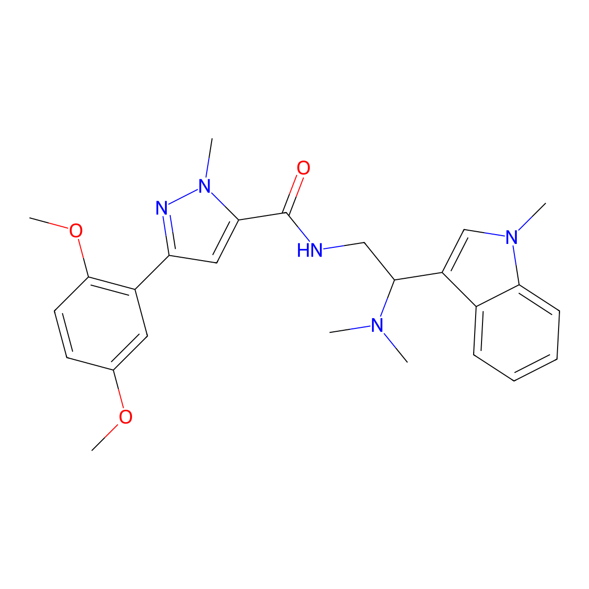 3-(2,5-dimethoxyphenyl)-N-(2-(dimethylamino)-2-(1-methyl-1H-indol-3-yl)ethyl)-1-methyl-1H-pyrazole-5-carboxamide molecular structure, CAS 1396684-14-2