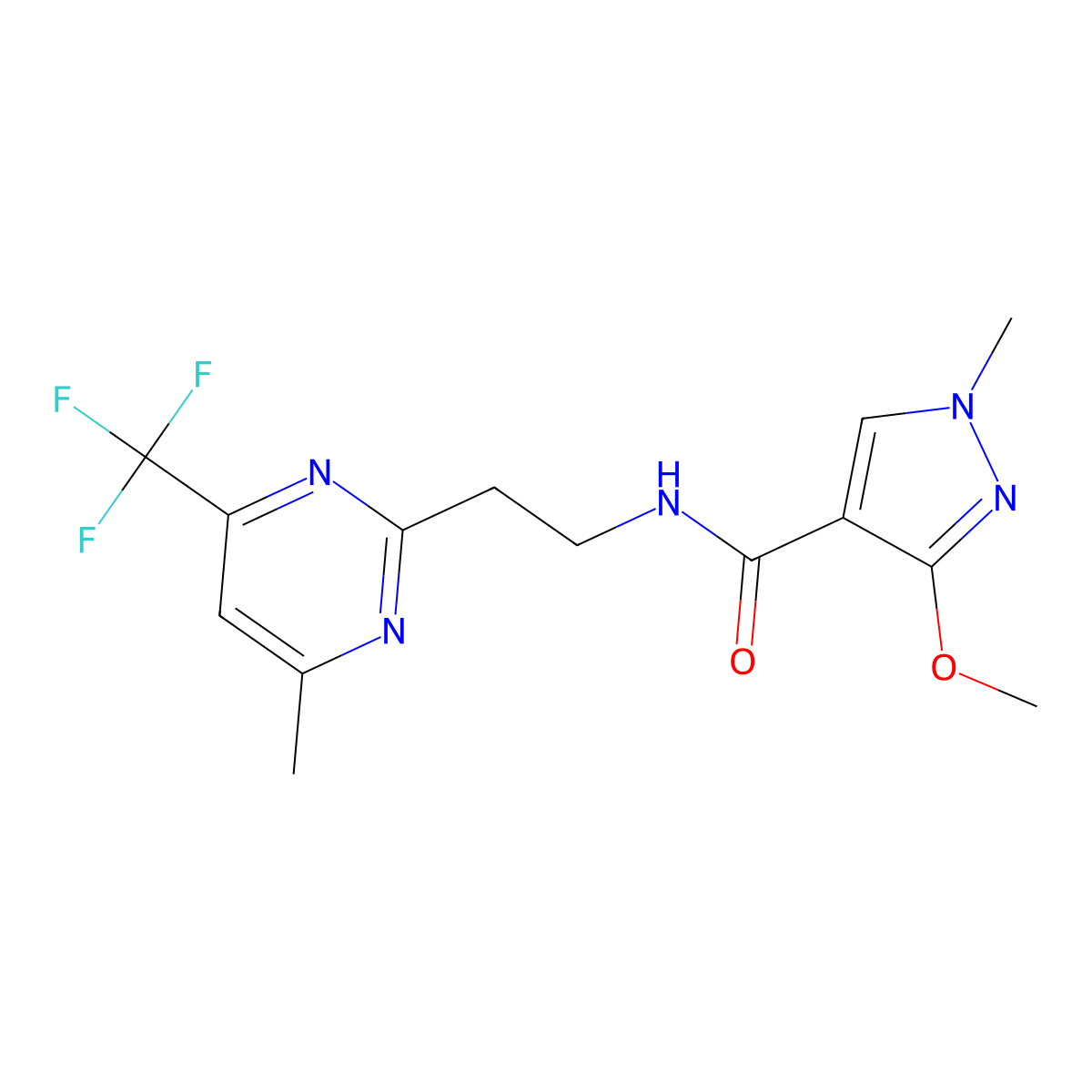 3-methoxy-1-methyl-N-(2-(4-methyl-6-(trifluoromethyl)pyrimidin-2-yl)ethyl)-1H-pyrazole-4-carboxamide molecular structure, CAS 1396684-19-7