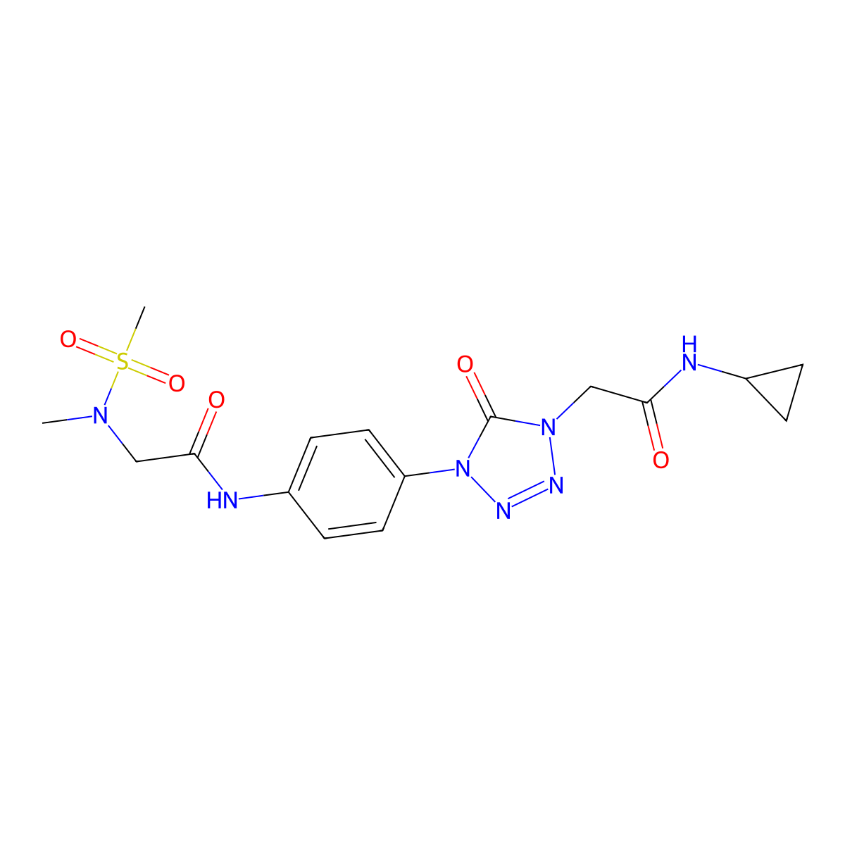 N-cyclopropyl-2-(4-(4-(2-(N-methylmethylsulfonamido)acetamido)phenyl)-5-oxo-4,5-dihydro-1H-tetrazol-1-yl)acetamide molecular structure, CAS 1396684-21-1