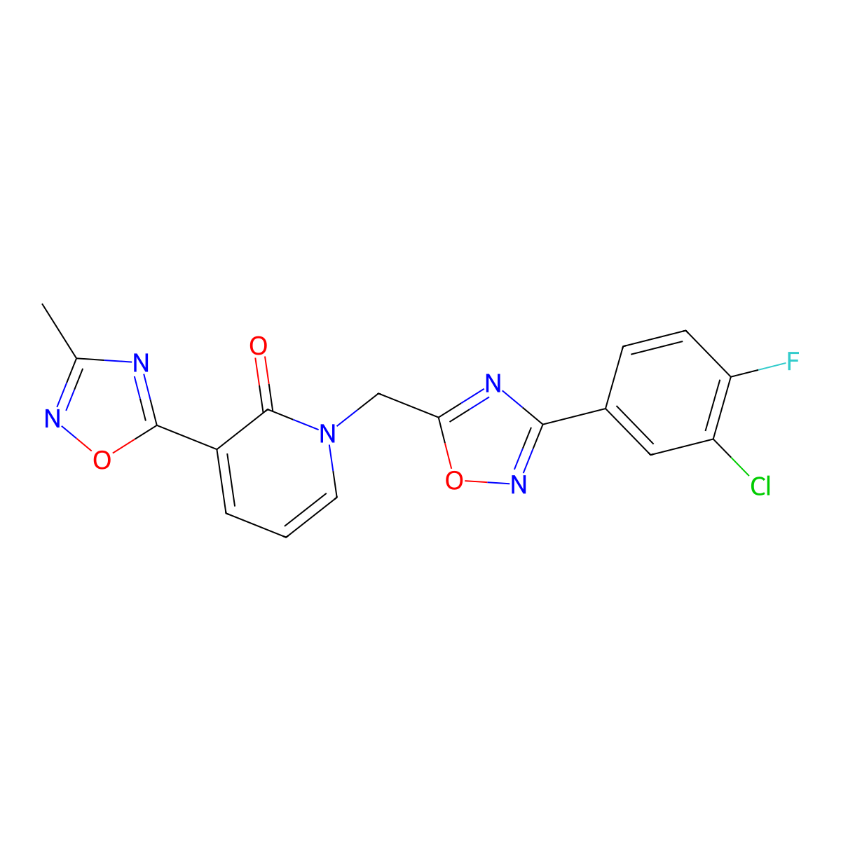 1-((3-(3-chloro-4-fluorophenyl)-1,2,4-oxadiazol-5-yl)methyl)-3-(3-methyl-1,2,4-oxadiazol-5-yl)pyridin-2(1H)-one molecular structure, CAS 1396684-22-2
