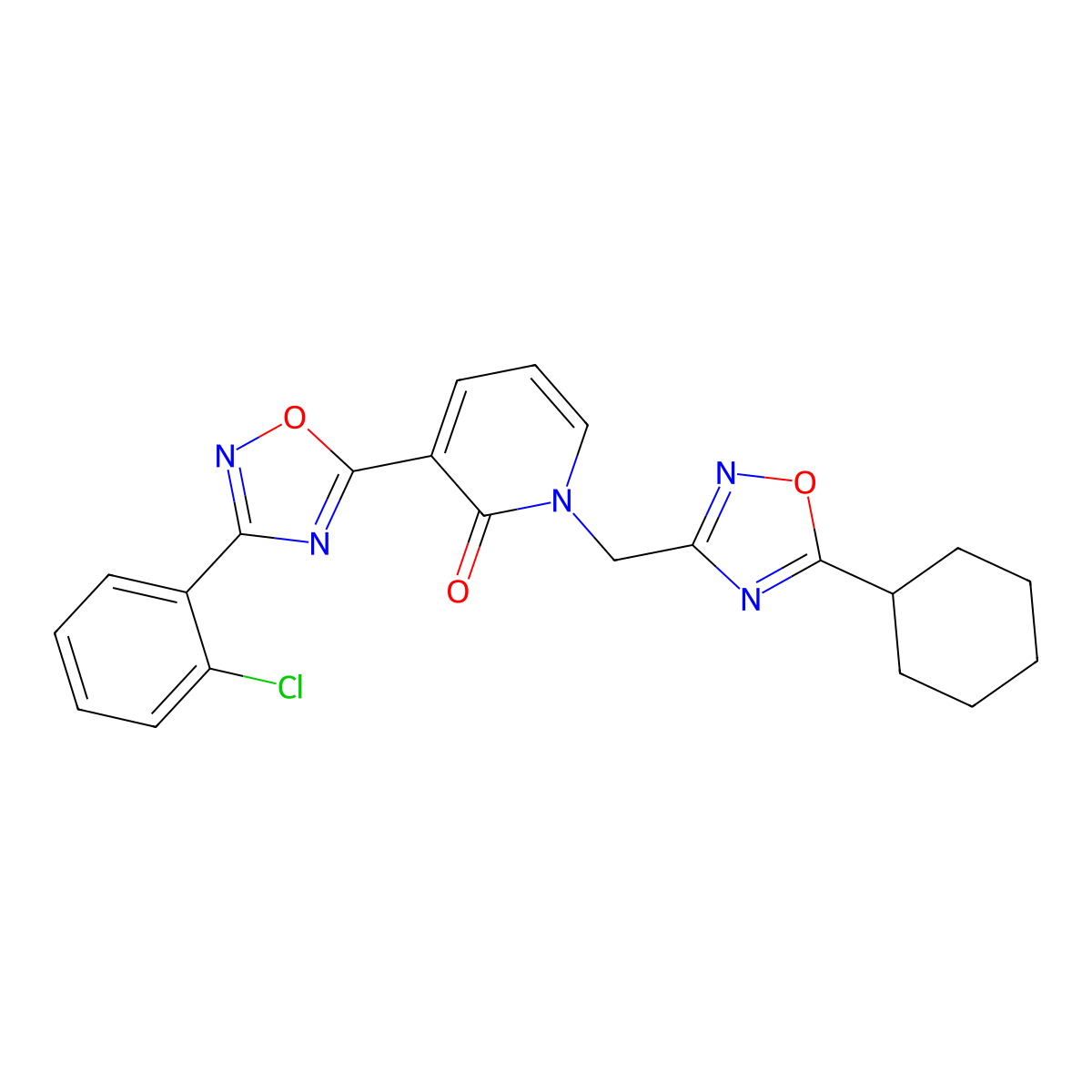 3-(3-(2-chlorophenyl)-1,2,4-oxadiazol-5-yl)-1-((5-cyclohexyl-1,2,4-oxadiazol-3-yl)methyl)pyridin-2(1H)-one molecular structure, CAS 1396684-49-3