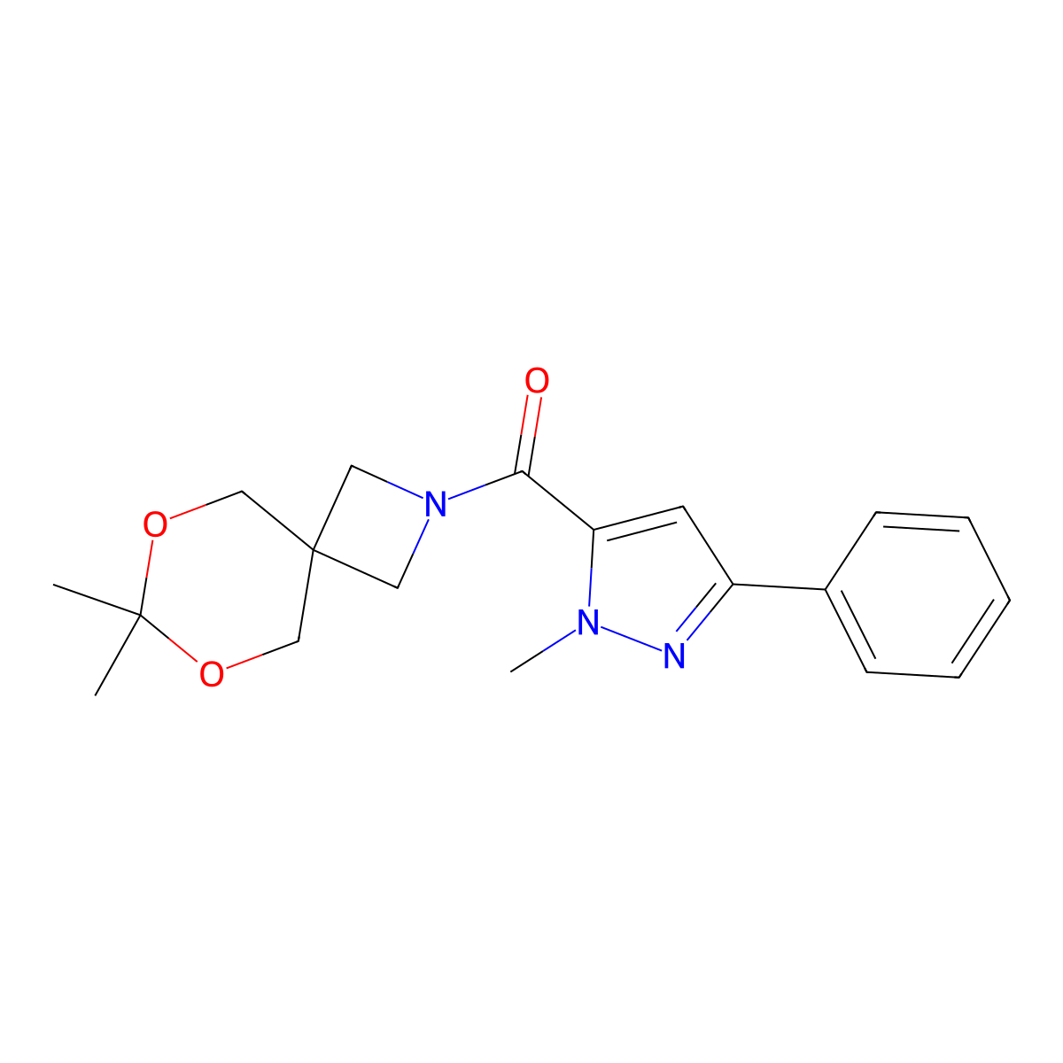 (7,7-dimethyl-6,8-dioxa-2-azaspiro[3.5]nonan-2-yl)(1-methyl-3-phenyl-1H-pyrazol-5-yl)methanone molecular structure, CAS 1396684-54-0