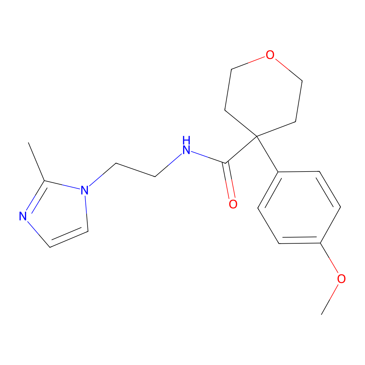 4-(4-methoxyphenyl)-N-(2-(2-methyl-1H-imidazol-1-yl)ethyl)tetrahydro-2H-pyran-4-carboxamide molecular structure, CAS 1396684-67-5