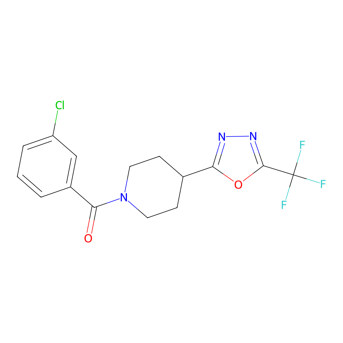 (3-Chlorophenyl)(4-(5-(trifluoromethyl)-1,3,4-oxadiazol-2-yl)piperidin-1-yl)methanone molecular structure, CAS 1396685-16-7