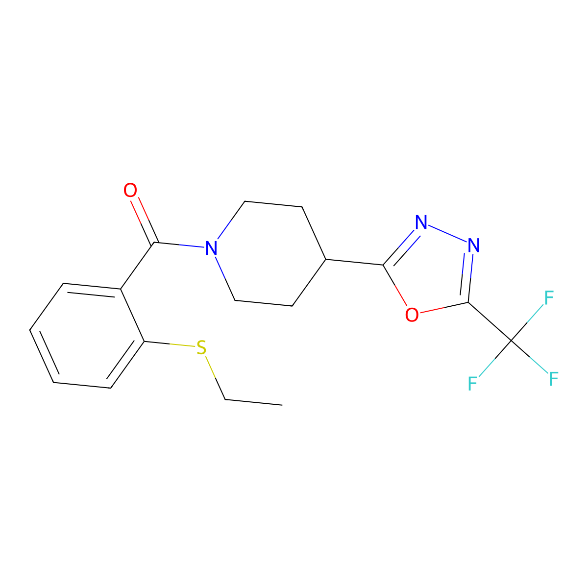 (2-(Ethylthio)phenyl)(4-(5-(trifluoromethyl)-1,3,4-oxadiazol-2-yl)piperidin-1-yl)methanone molecular structure, CAS 1396685-23-6