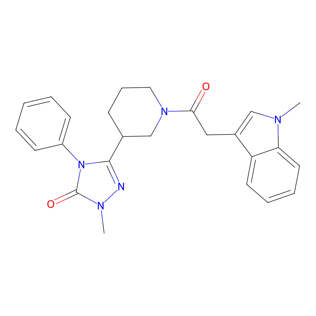 1-methyl-3-(1-(2-(1-methyl-1H-indol-3-yl)acetyl)piperidin-3-yl)-4-phenyl-1H-1,2,4-triazol-5(4H)-one molecular structure, CAS 1396685-59-8