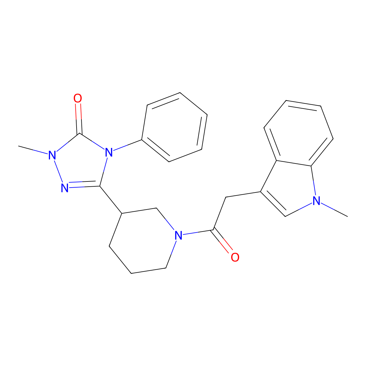 1-methyl-3-(1-(2-(1-methyl-1H-indol-3-yl)acetyl)piperidin-3-yl)-4-phenyl-1H-1,2,4-triazol-5(4H)-one molecular structure, CAS 1396685-59-8