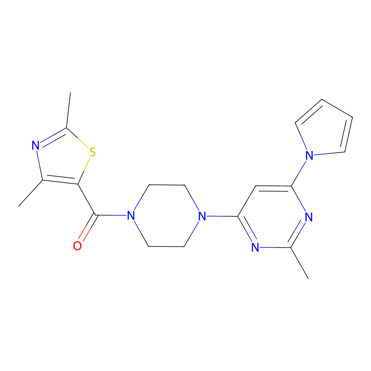 (2,4-dimethylthiazol-5-yl)(4-(2-methyl-6-(1H-pyrrol-1-yl)pyrimidin-4-yl)piperazin-1-yl)methanone molecular structure, CAS 1396685-64-5