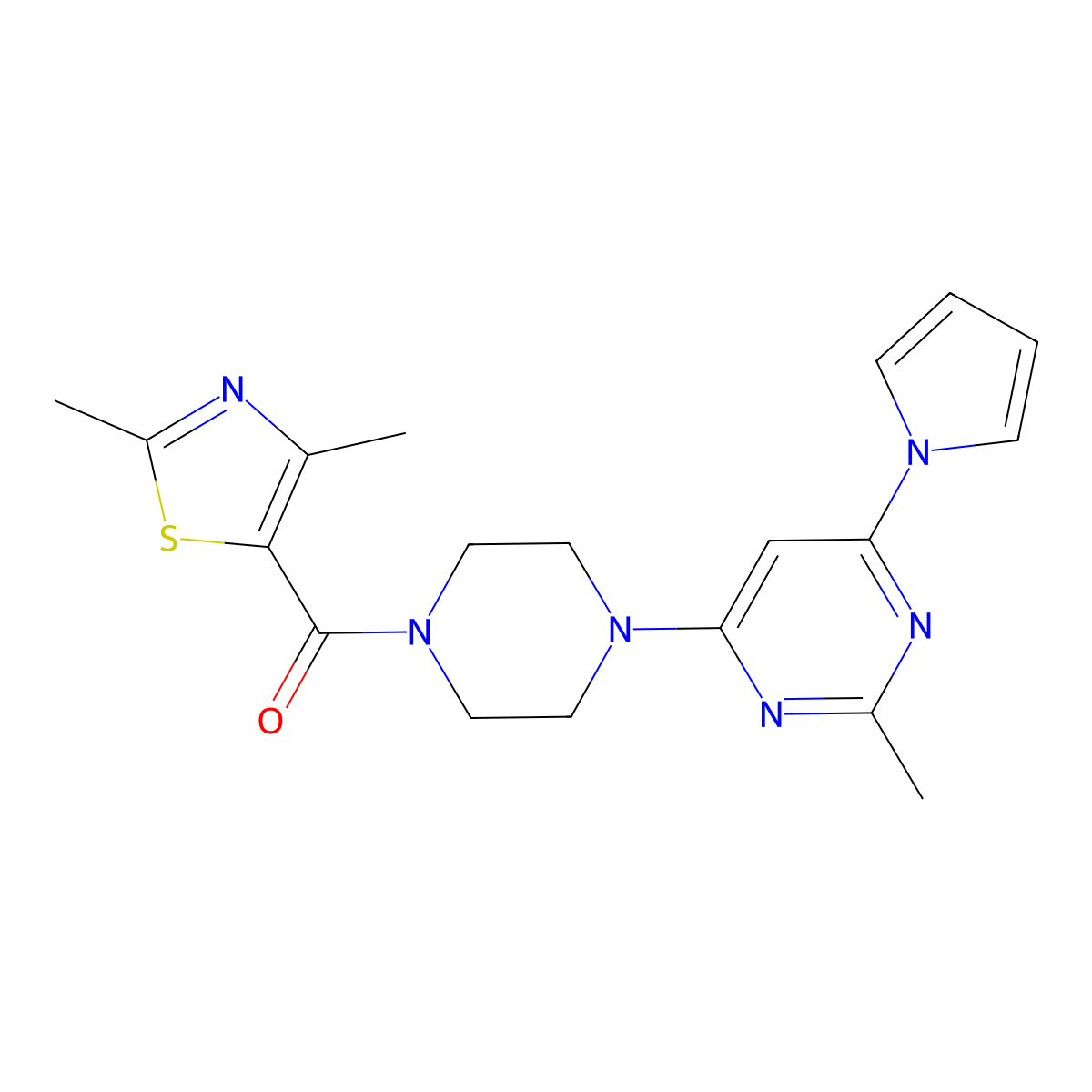 (2,4-dimethylthiazol-5-yl)(4-(2-methyl-6-(1H-pyrrol-1-yl)pyrimidin-4-yl)piperazin-1-yl)methanone molecular structure, CAS 1396685-64-5