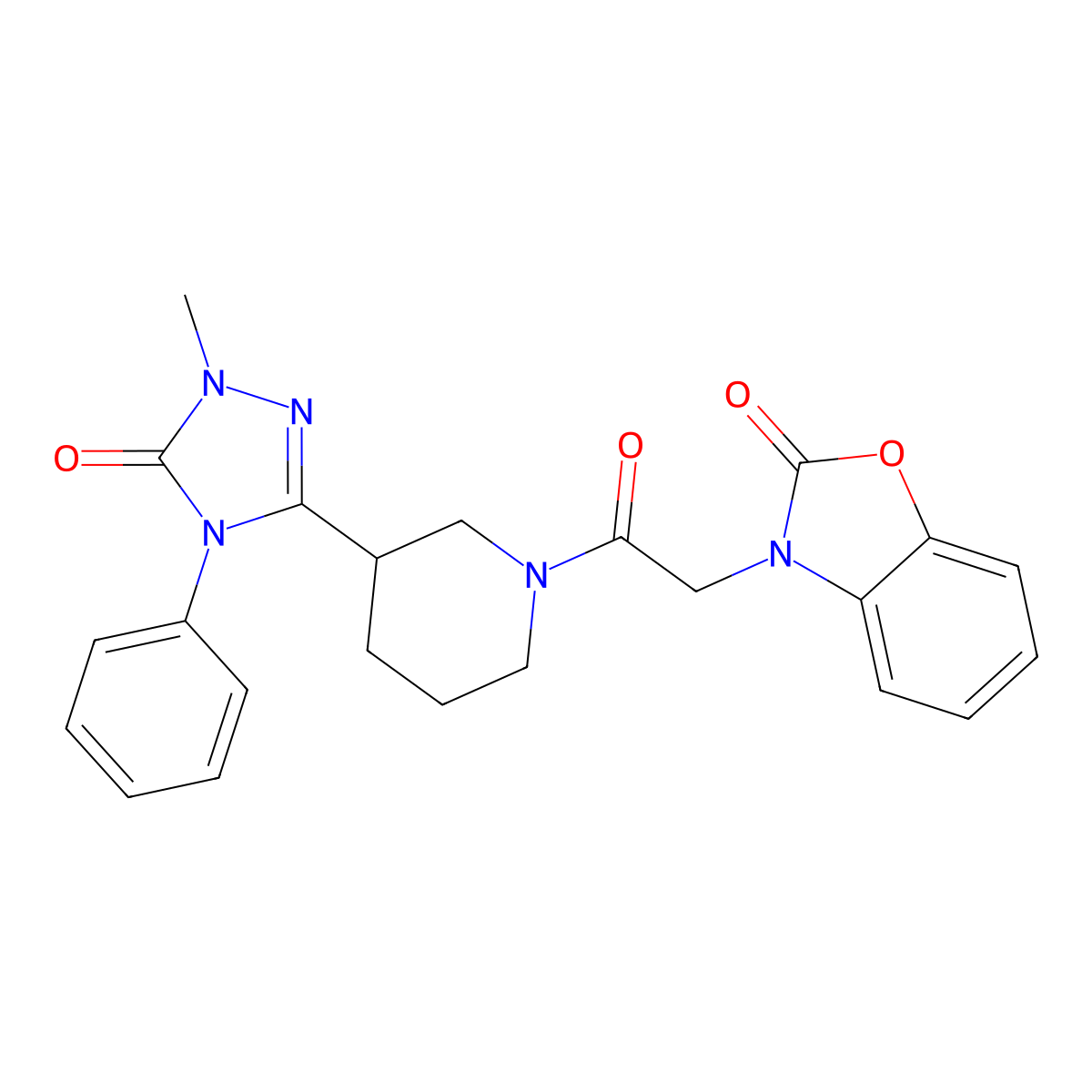 3-(2-(3-(1-methyl-5-oxo-4-phenyl-4,5-dihydro-1H-1,2,4-triazol-3-yl)piperidin-1-yl)-2-oxoethyl)benzo[d]oxazol-2(3H)-one molecular structure, CAS 1396685-73-6