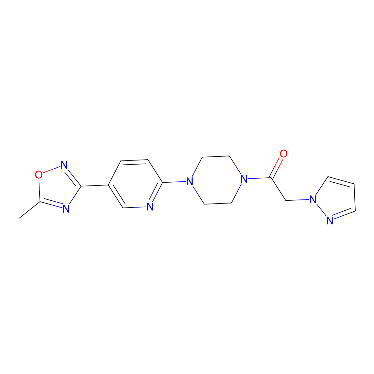 1-(4-(5-(5-methyl-1,2,4-oxadiazol-3-yl)pyridin-2-yl)piperazin-1-yl)-2-(1H-pyrazol-1-yl)ethanone molecular structure, CAS 1396685-77-0