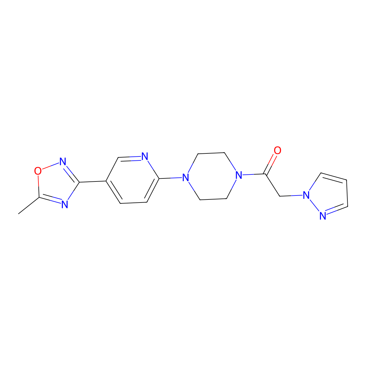 1-(4-(5-(5-methyl-1,2,4-oxadiazol-3-yl)pyridin-2-yl)piperazin-1-yl)-2-(1H-pyrazol-1-yl)ethanone molecular structure, CAS 1396685-77-0