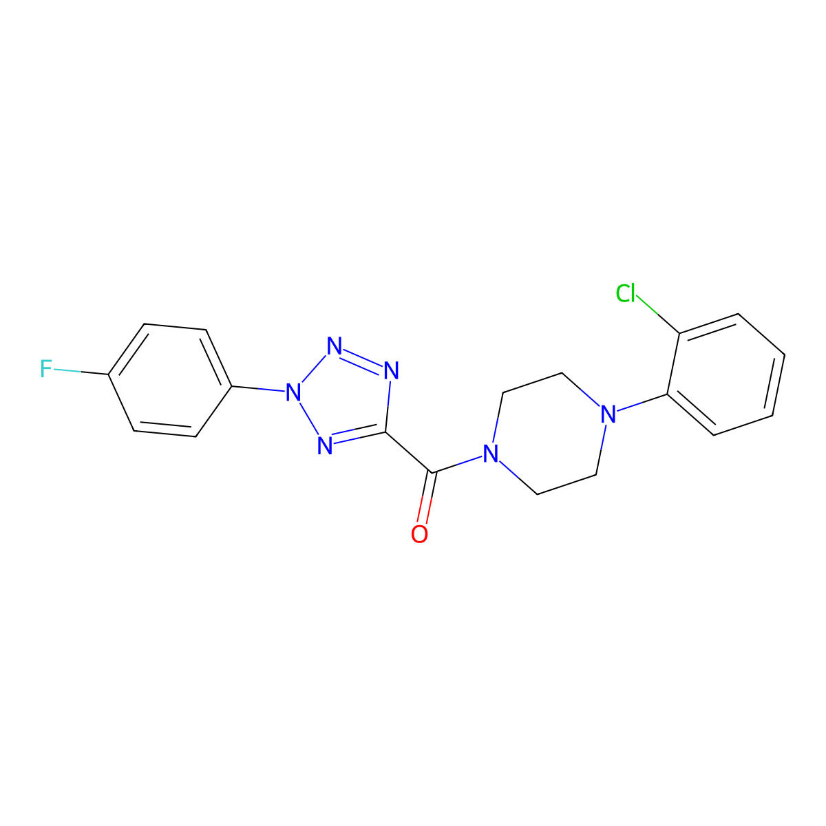 (4-(2-chlorophenyl)piperazin-1-yl)(2-(4-fluorophenyl)-2H-tetrazol-5-yl)methanone molecular structure, CAS 1396685-81-6