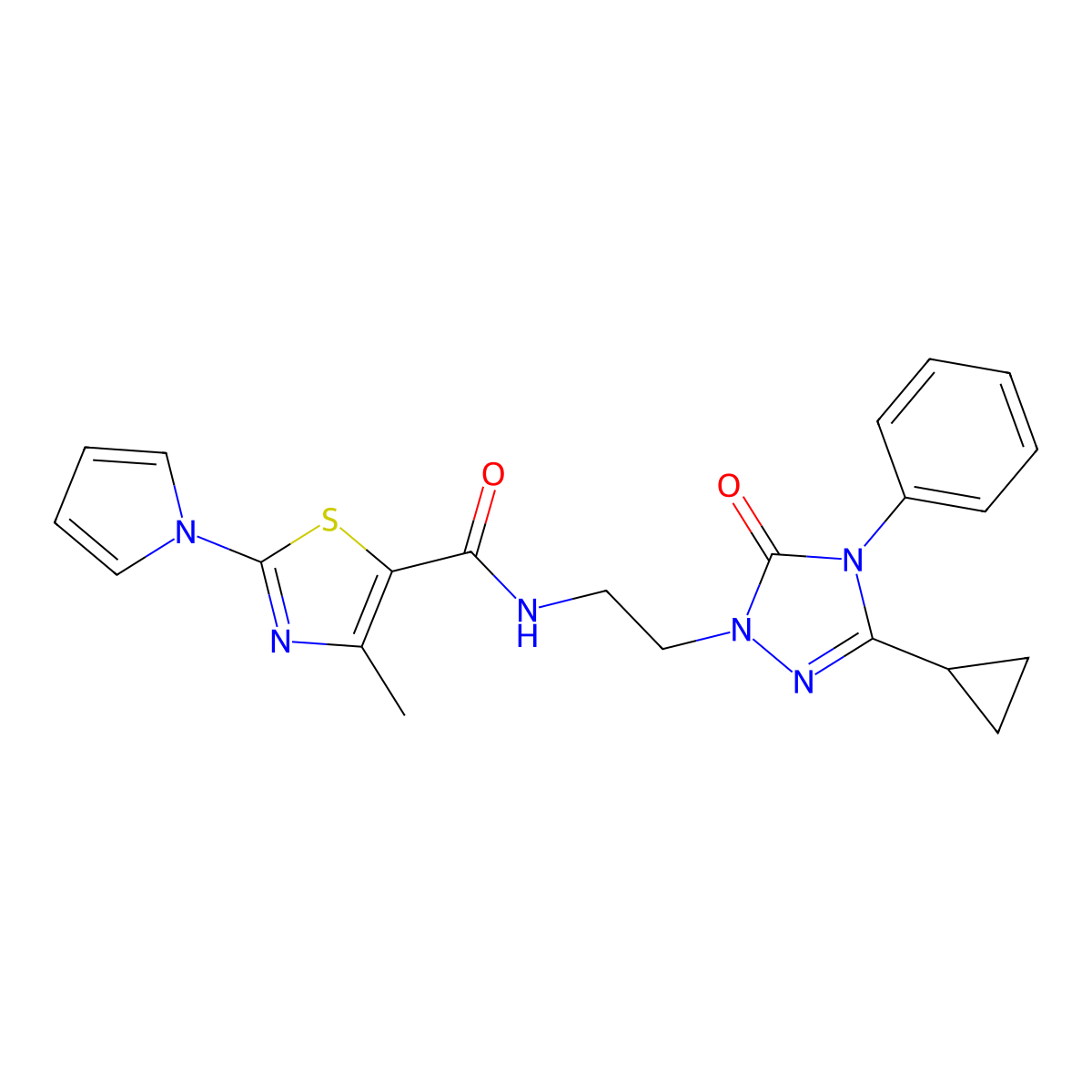 N-(2-(3-cyclopropyl-5-oxo-4-phenyl-4,5-dihydro-1H-1,2,4-triazol-1-yl)ethyl)-4-methyl-2-(1H-pyrrol-1-yl)thiazole-5-carboxamide molecular structure, CAS 1396686-04-6