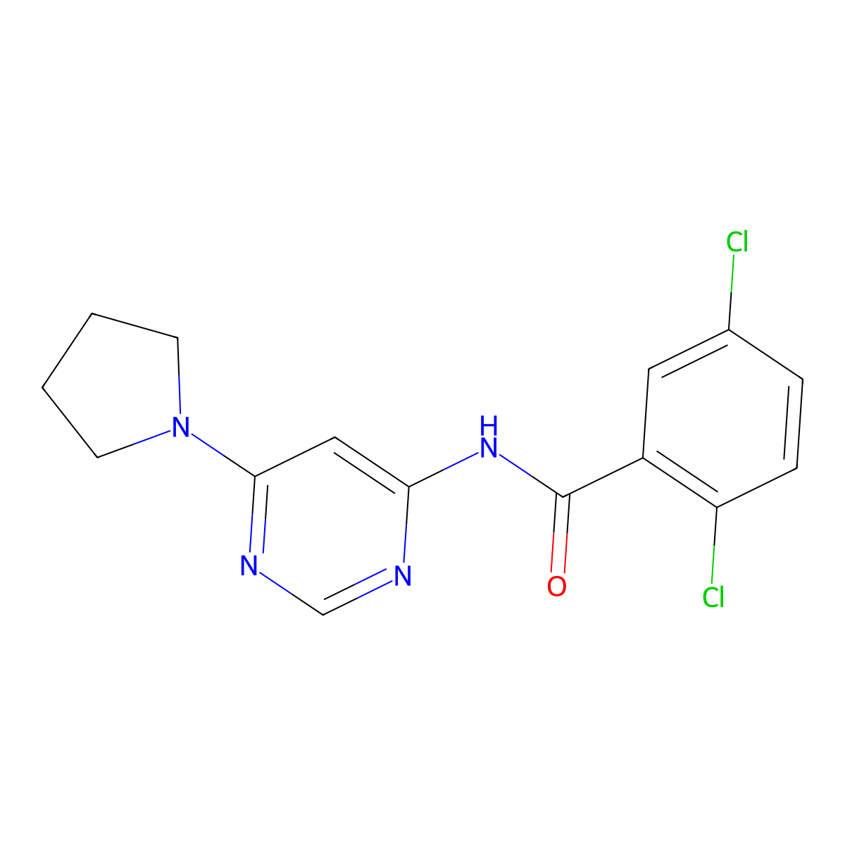 2,5-dichloro-N-(6-(pyrrolidin-1-yl)pyrimidin-4-yl)benzamide molecular structure, CAS 1396686-27-3