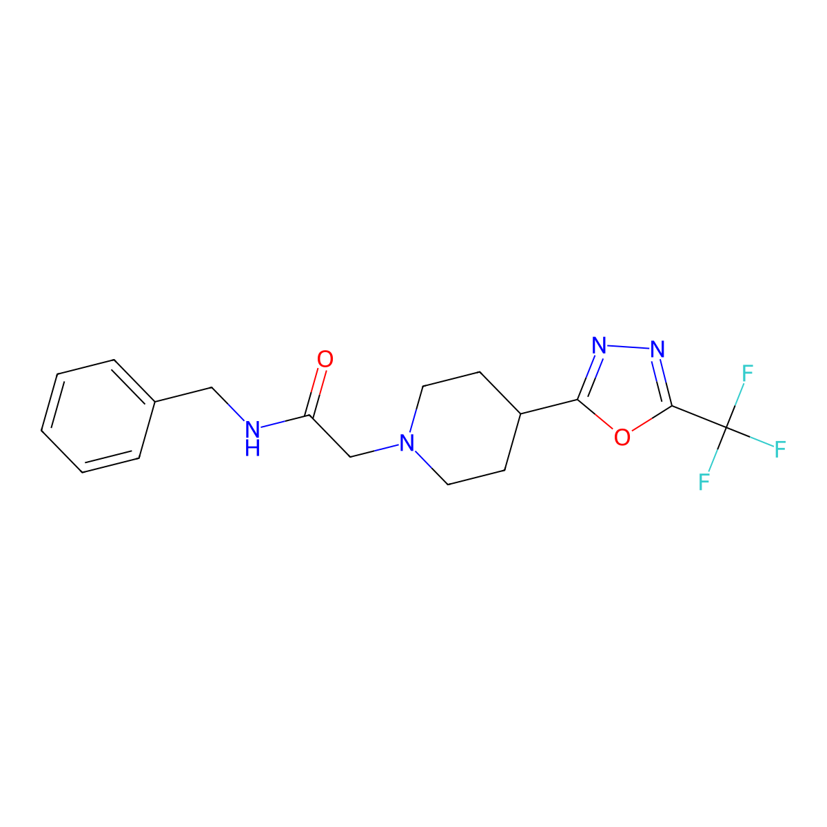 N-benzyl-2-(4-(5-(trifluoromethyl)-1,3,4-oxadiazol-2-yl)piperidin-1-yl)acetamide molecular structure, CAS 1396686-29-5