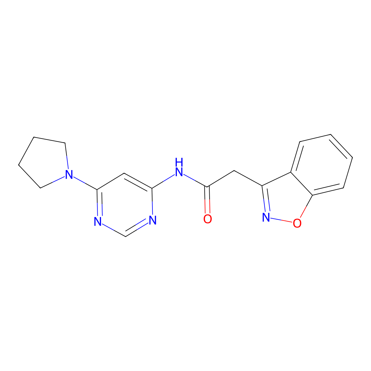 2-(benzo[d]isoxazol-3-yl)-N-(6-(pyrrolidin-1-yl)pyrimidin-4-yl)acetamide molecular structure, CAS 1396686-30-8
