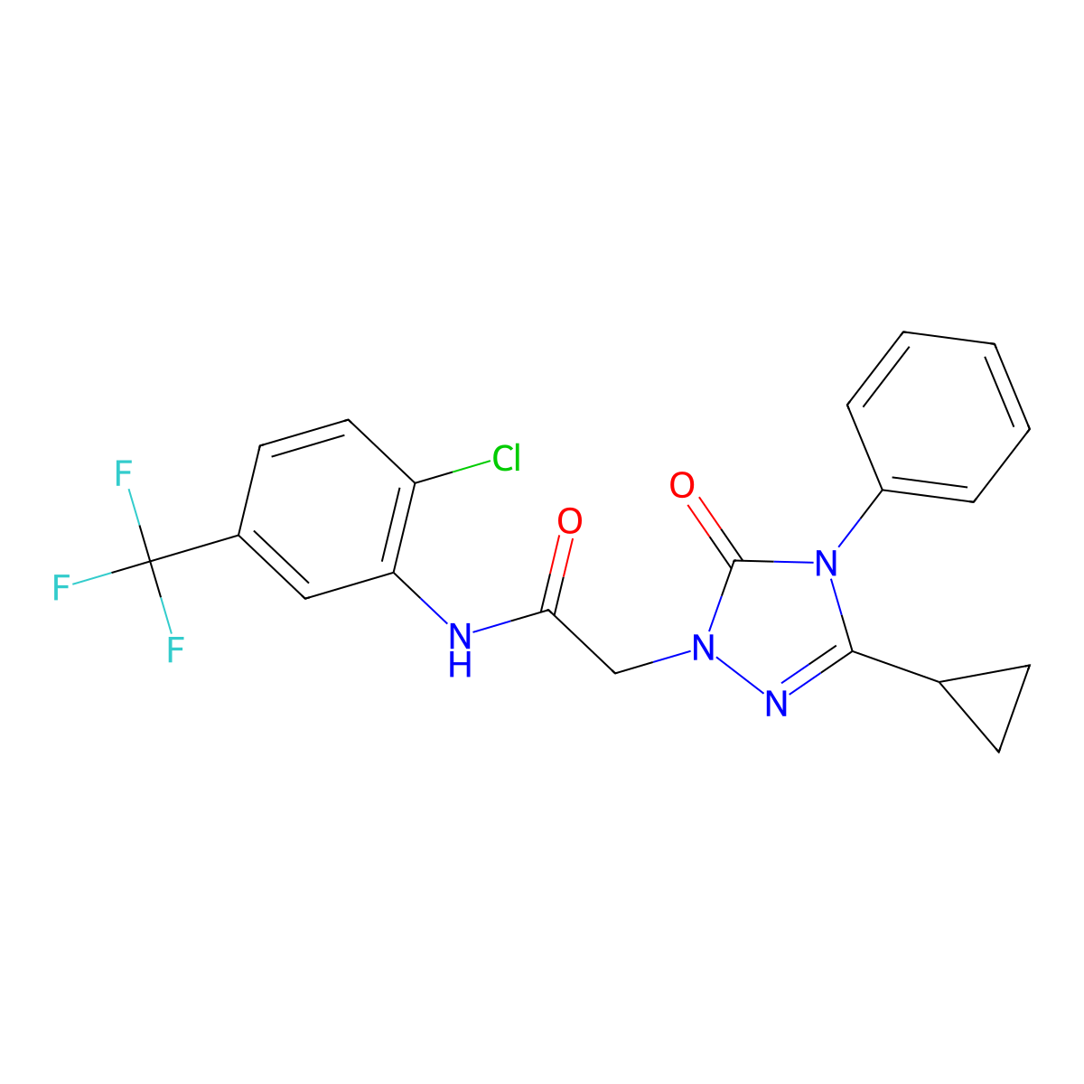N-(2-chloro-5-(trifluoromethyl)phenyl)-2-(3-cyclopropyl-5-oxo-4-phenyl-4,5-dihydro-1H-1,2,4-triazol-1-yl)acetamide molecular structure, CAS 1396686-32-0