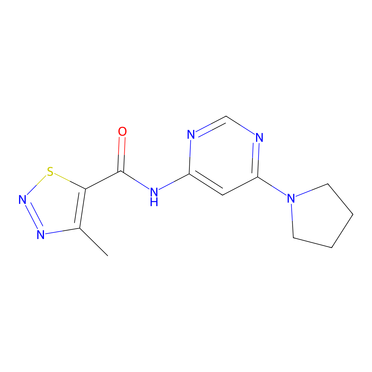 4-methyl-N-[6-(pyrrolidin-1-yl)pyrimidin-4-yl]-1,2,3-thiadiazole-5-carboxamide molecular structure, CAS 1396686-33-1