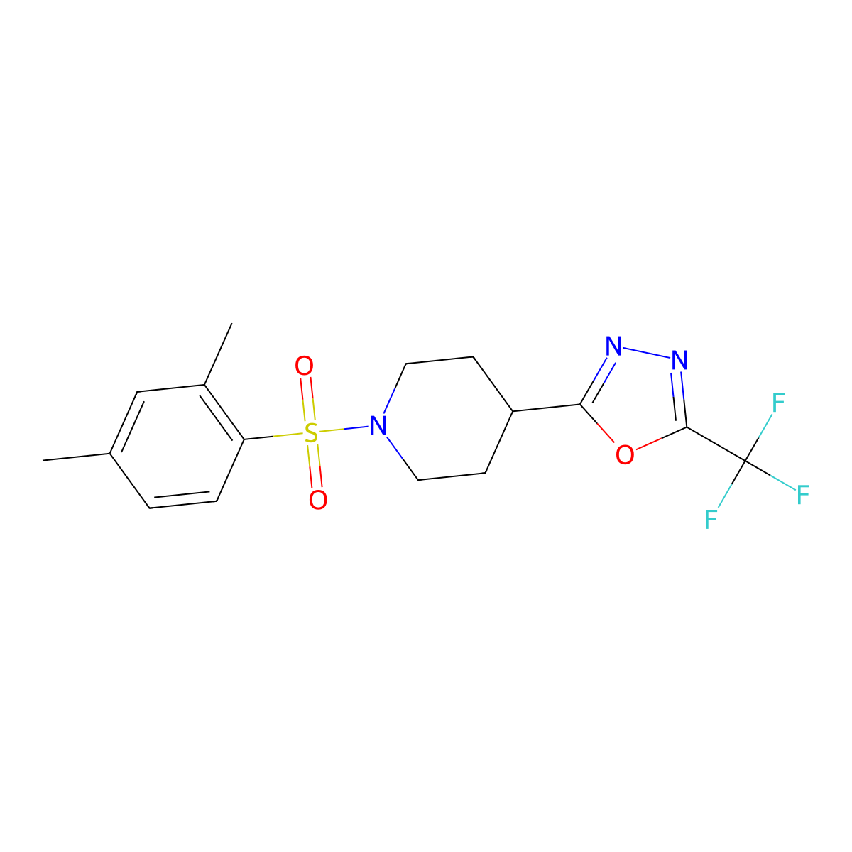 2-(1-((2,4-Dimethylphenyl)sulfonyl)piperidin-4-yl)-5-(trifluoromethyl)-1,3,4-oxadiazole molecular structure, CAS 1396686-35-3