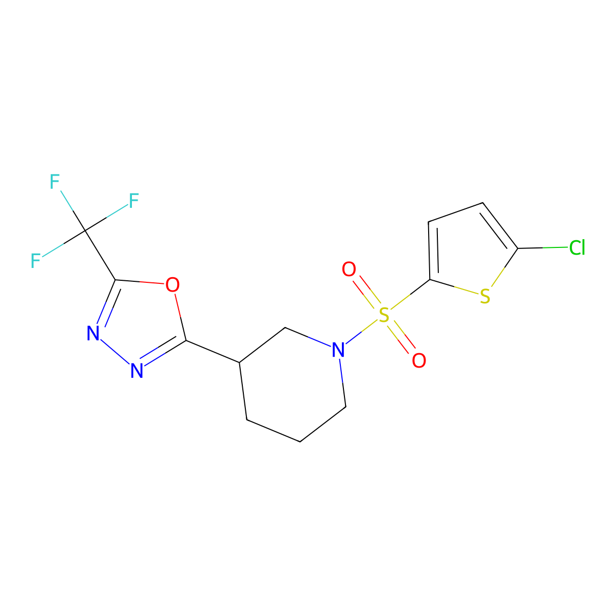 2-(1-((5-Chlorothiophen-2-yl)sulfonyl)piperidin-3-yl)-5-(trifluoromethyl)-1,3,4-oxadiazole molecular structure, CAS 1396686-37-5
