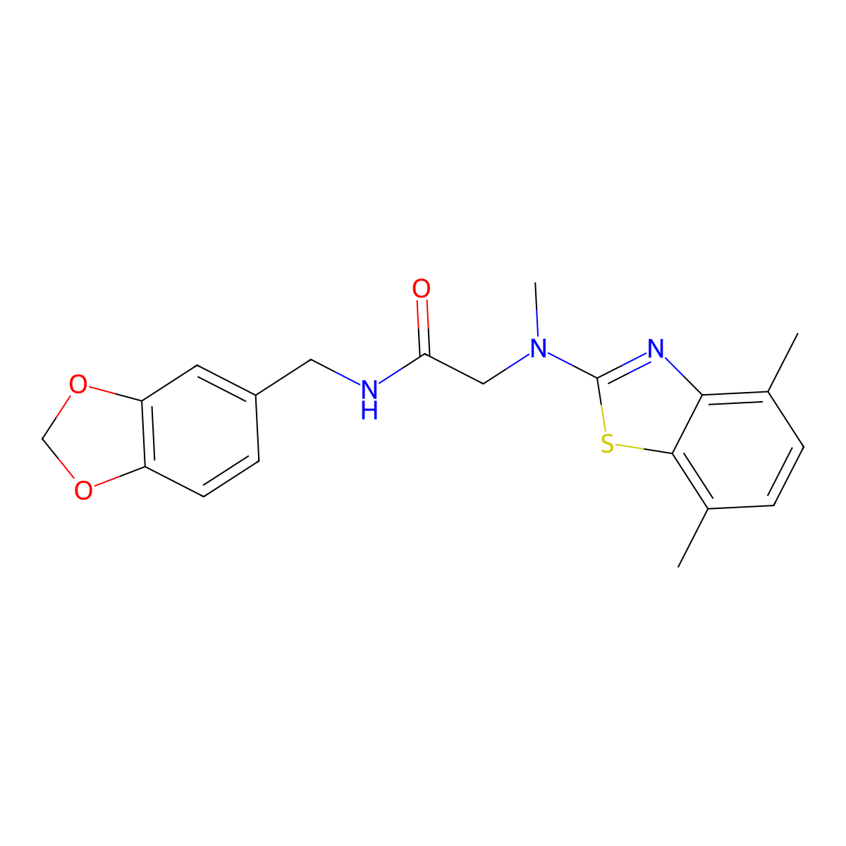 N-(benzo[d][1,3]dioxol-5-ylmethyl)-2-((4,7-dimethylbenzo[d]thiazol-2-yl)(methyl)amino)acetamide molecular structure, CAS 1396686-38-6