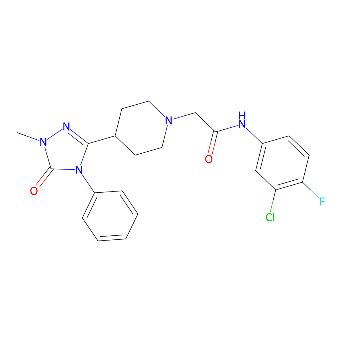 N-(3-chloro-4-fluorophenyl)-2-(4-(1-methyl-5-oxo-4-phenyl-4,5-dihydro-1H-1,2,4-triazol-3-yl)piperidin-1-yl)acetamide molecular structure, CAS 1396686-46-6