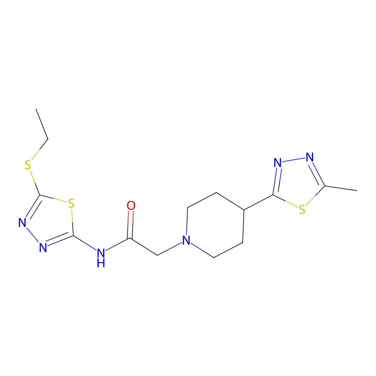 N-(5-(ethylthio)-1,3,4-thiadiazol-2-yl)-2-(4-(5-methyl-1,3,4-thiadiazol-2-yl)piperidin-1-yl)acetamide molecular structure, CAS 1396686-47-7