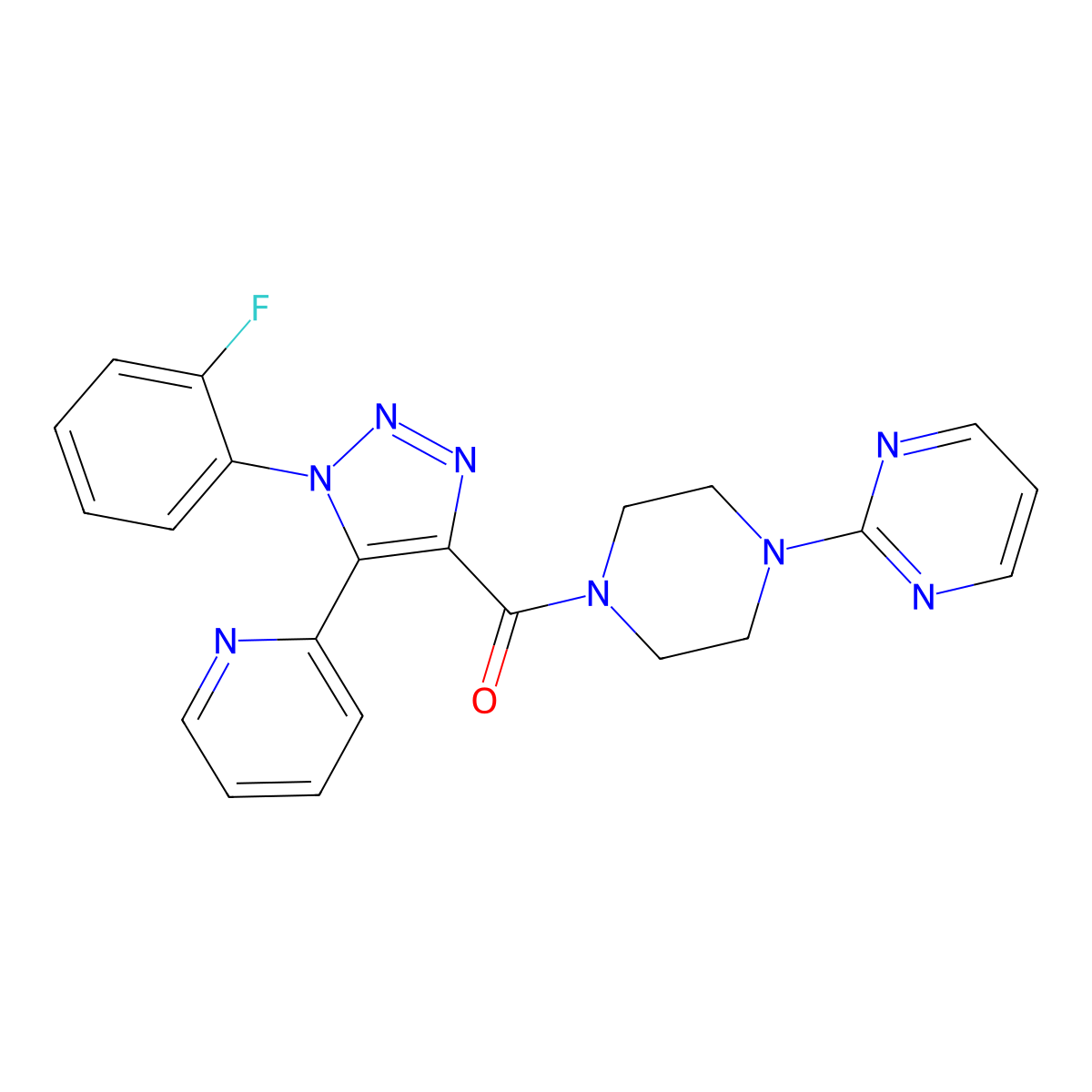 2-(4-{[1-(2-fluorophenyl)-5-pyridin-2-yl-1H-1,2,3-triazol-4-yl]carbonyl}piperazin-1-yl)pyrimidine molecular structure, CAS 1396686-53-5