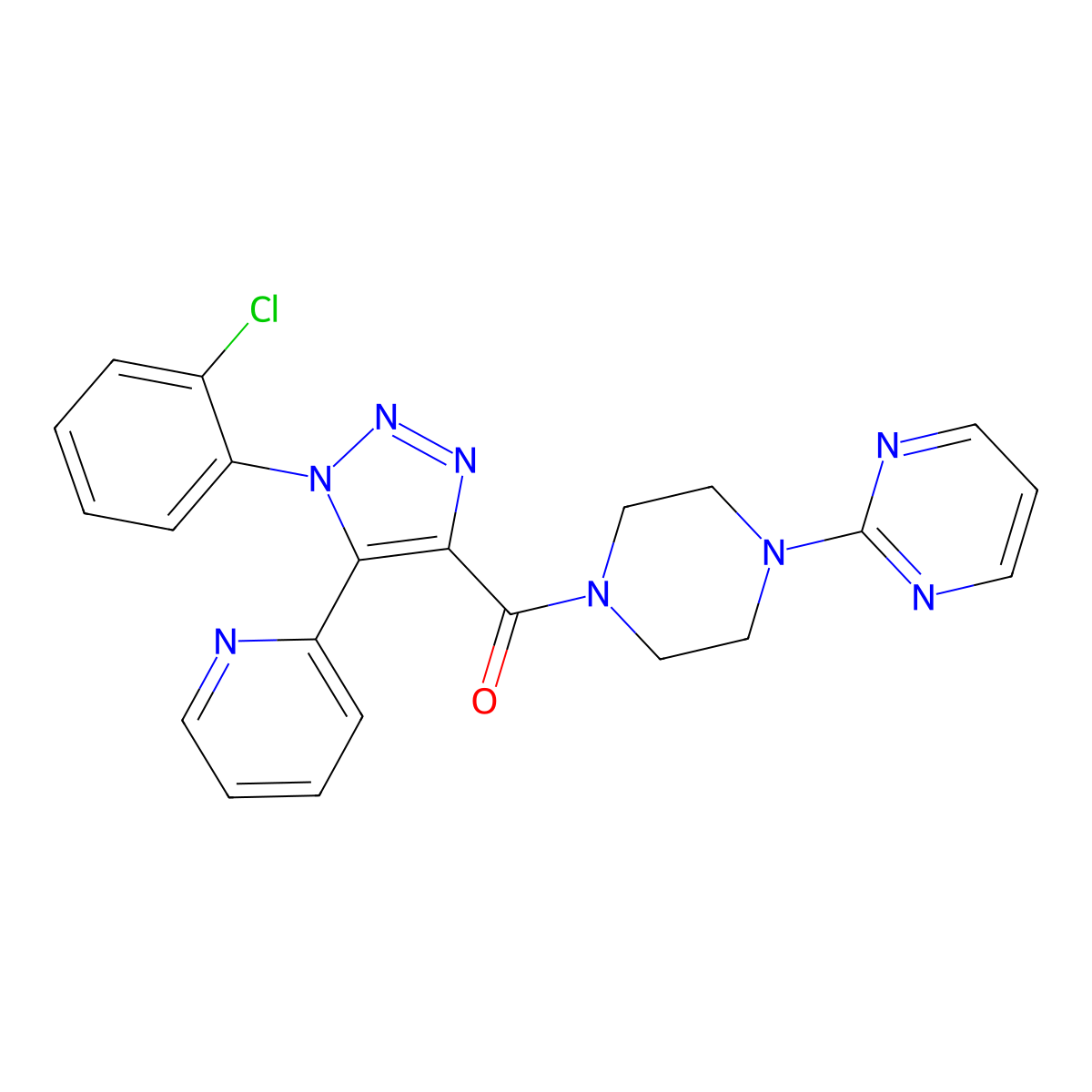 2-(4-{[1-(2-chlorophenyl)-5-pyridin-2-yl-1H-1,2,3-triazol-4-yl]carbonyl}piperazin-1-yl)pyrimidine molecular structure, CAS 1396686-54-6