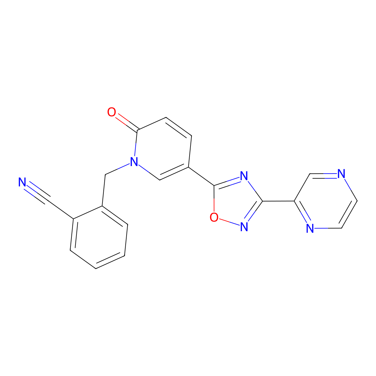 2-((2-oxo-5-(3-(pyrazin-2-yl)-1,2,4-oxadiazol-5-yl)pyridin-1(2H)-yl)methyl)benzonitrile molecular structure, CAS 1396686-62-6