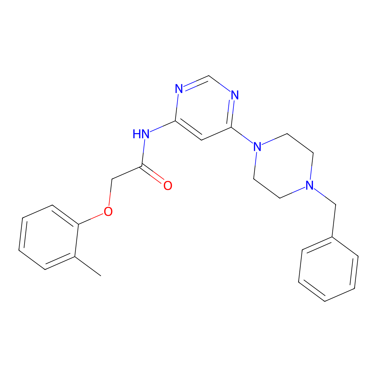 N-(6-(4-benzylpiperazin-1-yl)pyrimidin-4-yl)-2-(o-tolyloxy)acetamide molecular structure, CAS 1396686-67-1
