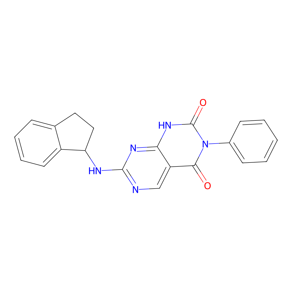 7-(2,3-dihydro-1H-inden-1-ylamino)-3-phenylpyrimido[4,5-d]pyrimidine-2,4(1H,3H)-dione molecular structure, CAS 1396686-70-6