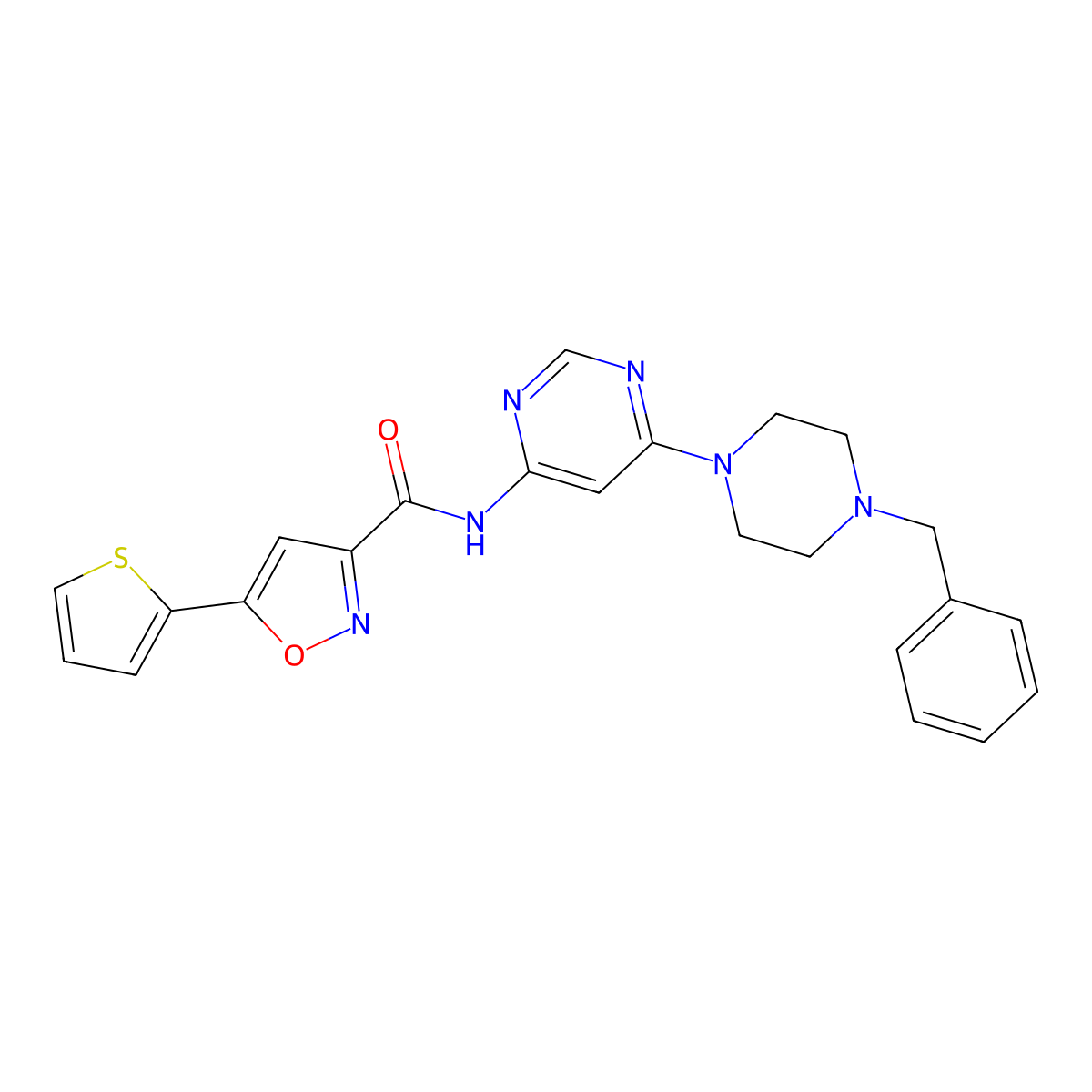 N-(6-(4-benzylpiperazin-1-yl)pyrimidin-4-yl)-5-(thiophen-2-yl)isoxazole-3-carboxamide molecular structure, CAS 1396686-71-7